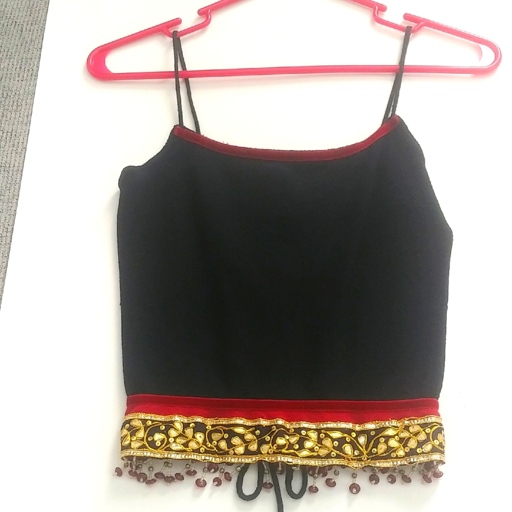 Cache Black Embellished Sleeveless Crop Camisole. Ties Close In Back
